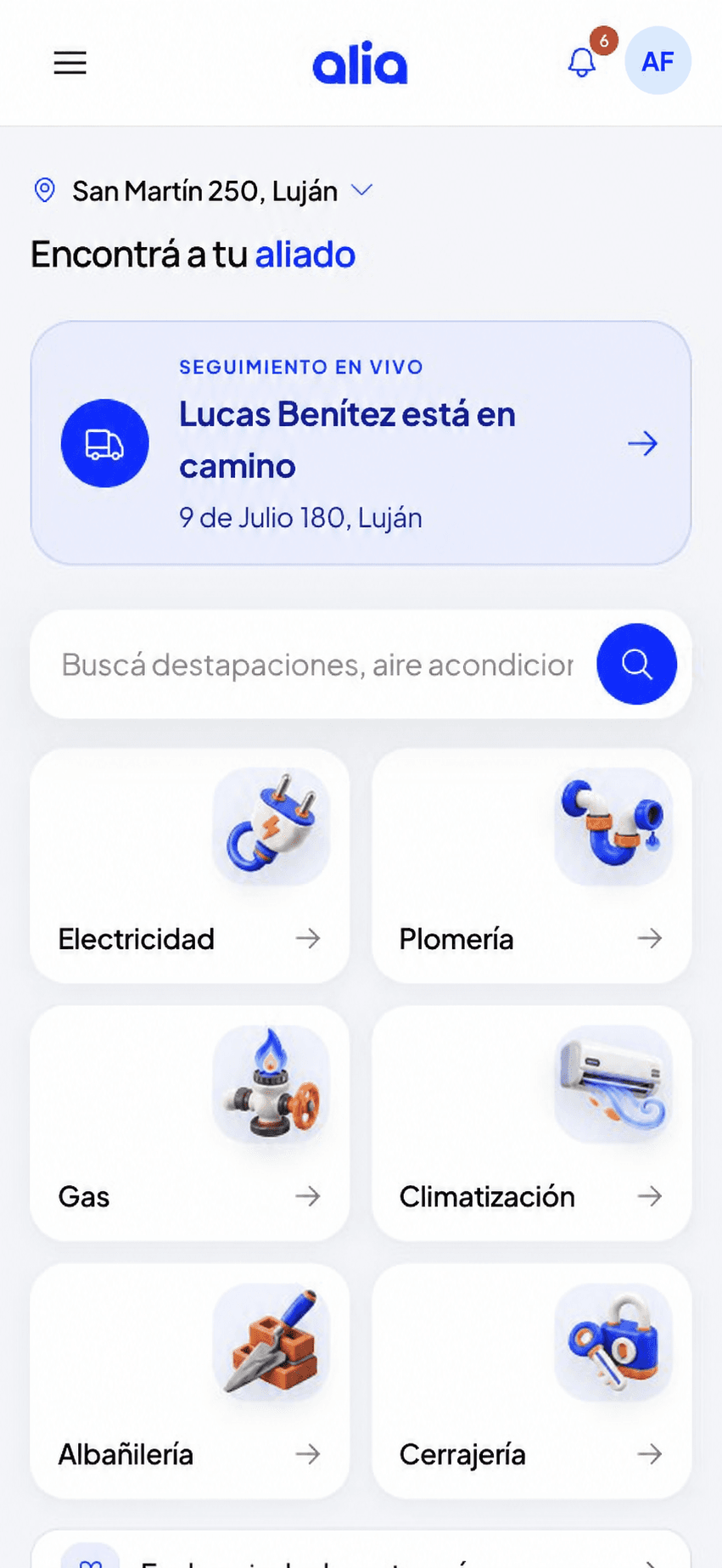 Home mobile real de la aplicación Alia